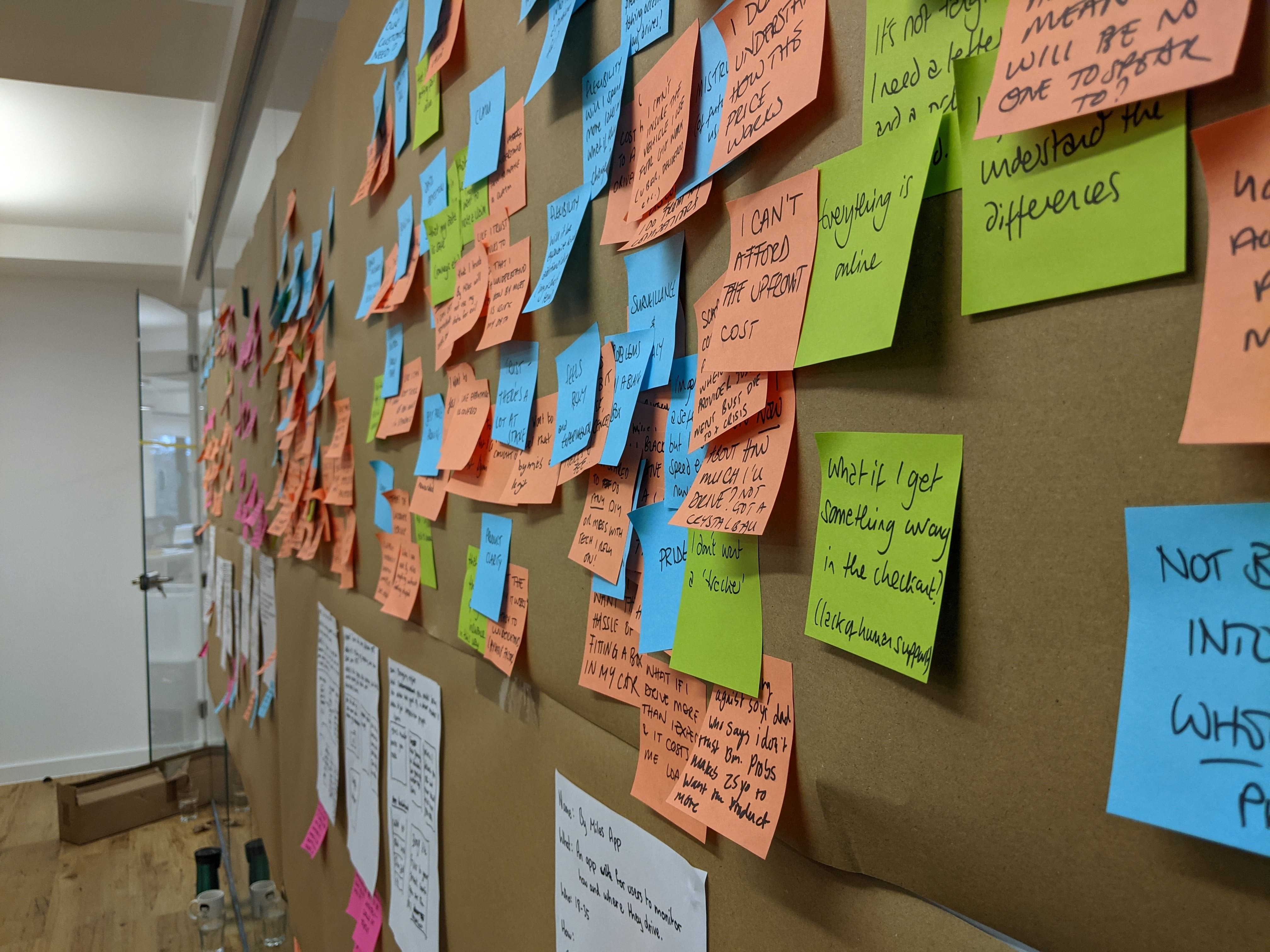 Post it notes on a corkboard with assumptions around functional, emotional and social jobs to be donejobs